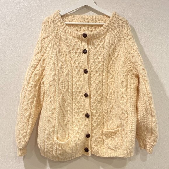 Vintage Irish Wool Fisherman Cardigan Cream Cable Knit Sweater - Picture 1 of 15